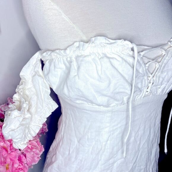 🌷 Cotton Candy LA🌷 White Linen Blend Babydoll Lace Up Dress - Picture 7 of 11